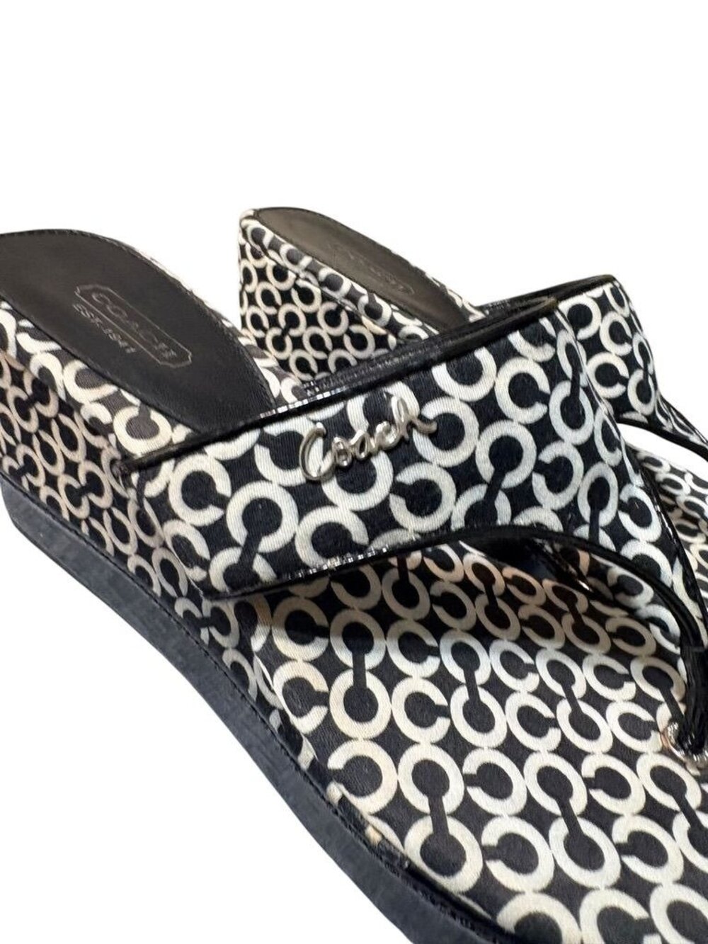 Y2K Coach Thong Sandals 8.5M Wedge Black White Logo Felicia Vintage Platform - Picture 3 of 7